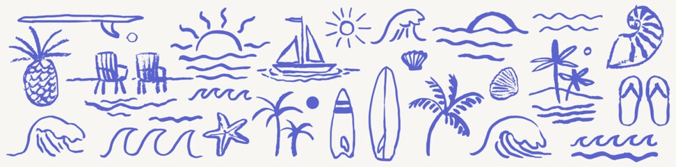 Naklejka na ściany i meble Hand-drawn doodle beach and surf vector illustration set. Tropical coastal elements like palm trees, waves, surfboards, and sun perfect for summer designs, t-shirts, posters, and placards prints.