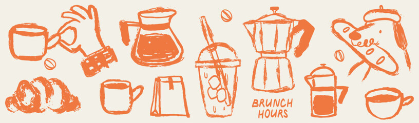 Breakfast or brunch with coffee and croissant doodle vector illustrations. Coffee cup mug icon in chalk, charcoal drawing style. Minimalist line art illustration for menus design, cafe decor or print.