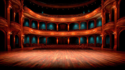 Obraz premium Beautifully designed theatre auditorium with ornate wooden architecture, featuring elegant lighting and spacious stage. empty seating area creates sense of anticipation for future performances