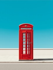 Obraz premium Iconic Red Telephone Box: A classic red telephone box stands proudly against a vibrant blue sky and stone wall, a timeless symbol of communication and urban landscapes. 