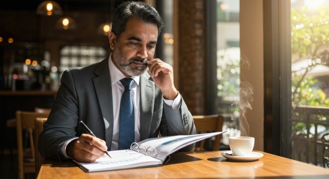 Mature businessman reviews charts while on the phone inside a cafe