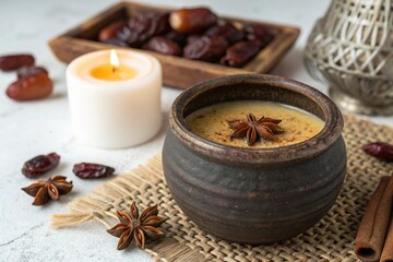 A rustic pottery bowl filled with a sweet creamy dessert topped with star anise placed next to a lit candle and dried dates