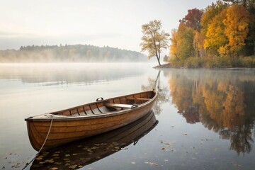 Obraz premium A solitary wooden rowboat is moored on a misty lake during a serene autumn morning with colorful trees reflecting in the calm water