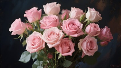 Obraz premium A Bouquet of Soft Pink Roses with Lush Green Leaves