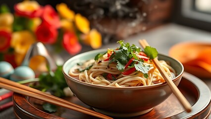 Steaming Pho noodles with fresh herbs on lacquer tray, representing Vietnam's inviting National Day cuisine.