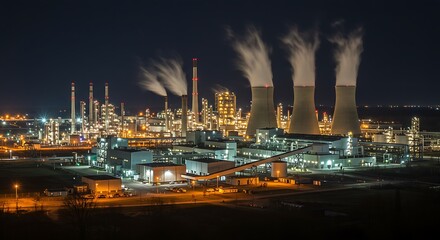 Fototapeta premium Illuminated industrial landscape of a petrochemical refinery at night, showcasing modern energy production and manufacturing.
