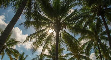 Sunlight filters through lush green palm fronds against a bright blue sky