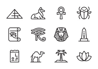 Egyptian Hieroglyphs Symbols Icons Pyramid Scarab Ankh Eye of Horus Pharaoh Camel Palm Tree Lotus Flower