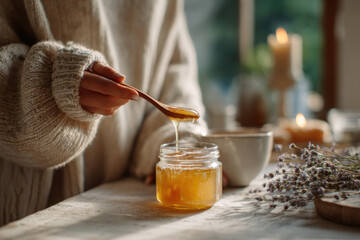 woman in cozy sweater holding spoonful of golden honey over jar on rustic table with herbs and candles, warm morning light, concept of homestead core, natural wellness, slow living