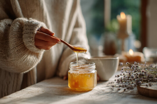 woman in cozy sweater holding spoonful of golden honey over jar on rustic table with herbs and candles, warm morning light, concept of homestead core, natural wellness, slow living