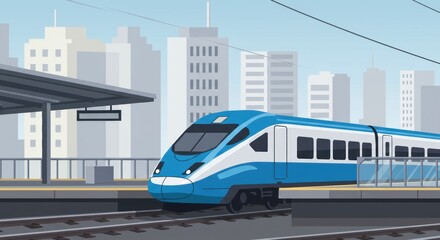 Naklejka premium Blue, white train arrives at station, with modern city skyline backdrop and railroad tracks