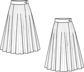Pleated skirt flat sketch, midi length, flared silhouette, waistband detail, fashion CAD drawing, vector apparel design illustration