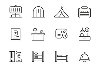 Set of simple line art icons representing lodging and hospitality services vector