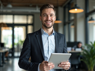 Fototapeta premium Smiling young businessman holding tablet in office