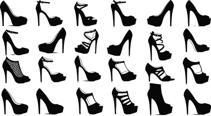 Stylish high heel silhouettes, women's fashion footwear collection, black stiletto icon set, platform pumps, elegant heels, trendy shoes, vector design