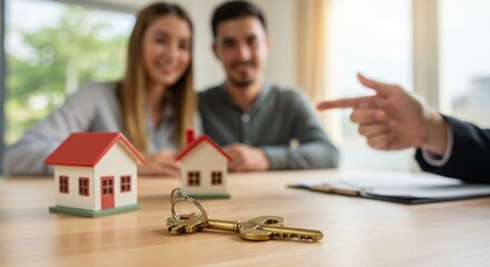 Happy couple buys home, agent points. Model houses and keys on table