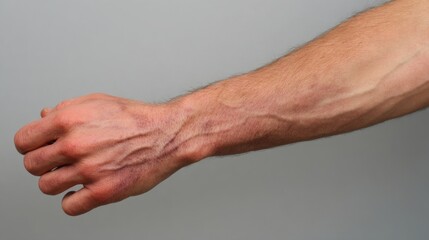 Forearm stretched out with coldinduced discoloration spreading unevenly from fingertips inward capturing severity of cold temperature impact.