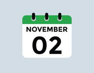 2 November, calendar date icon. 2 November Calendar Date for Deadlines or Appointment. Day, month. vector illustration.

