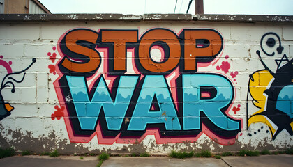 Bold antiwar graffiti art painted on a weathered urban brick wall delivering a peace message