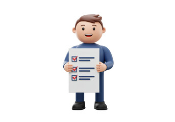 Isolated 3D Render of a Character Holding a Checklist with Checkmarks