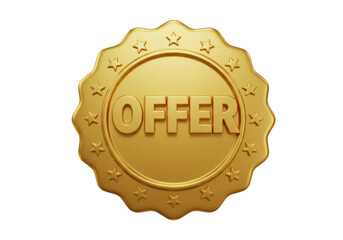 Isolated 3D Render of a Golden Offer Badge with Star Accents