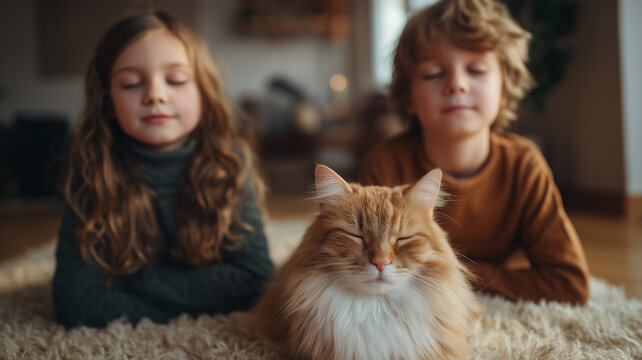 This Two children sit cross-legged on a rug, practicing yoga while their relaxed cat watches nearby.