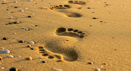 Footprints in soft, sunlit sand littered with pebbles and shells lead into the distance