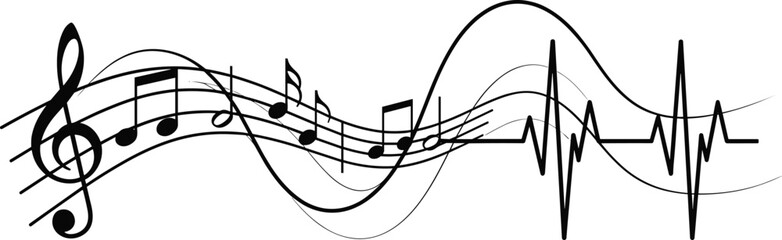 Music notes with heartbeat line, sound wave design, rhythm flow vector, black melody line art, audio frequency illustration concept