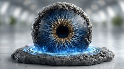 Futuristic eye-shaped holographic display in glowing blue, hovering in a white sterile environment showing precision and accurate targeting. 