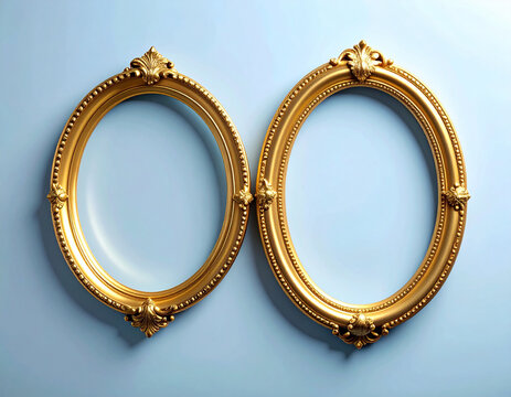 Two ornate gold oval picture frames hang side-by-side on a smooth, light blue wall, creating a classic and decorative element with empty spaces ready to showcase art or photographs.