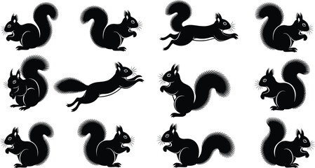 Squirrel silhouette collection, jumping and sitting squirrels vector set, forest animal clipart, cartoon style woodland wildlife graphic illustration