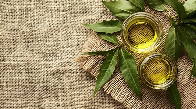 Top-down view of neem oil and leaves on a jute mat, raw herbal product feel