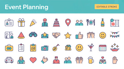 Collection of 40 colorful outline event planning icons