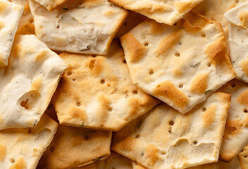 Whole grain crackers with spices and herbs isolated on white background. Dry salted cookies with...