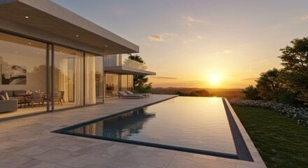 Fototapeta premium Luxurious home with infinity pool overlooking a sunset landscape