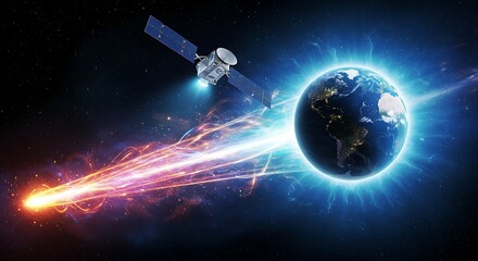 Scientific satellite in orbit observing a comet's fiery trajectory near planet Earth. A concept of astronomical research and deep space exploration.
