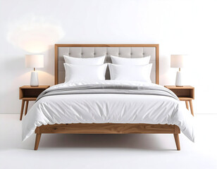 A serene and inviting bedroom features a comfortable bed with crisp white linens and warm lighting.