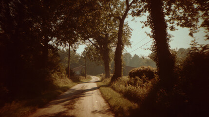 Vintage country lane in summer sunlight with dreamy retro film look and quiet rural charm (Stylized as analog film photography from the 70s)