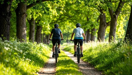 Cyclists Riding Bikes on Tree-Lined Path - Active lifestyle