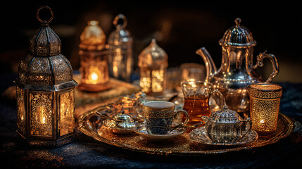 Glowing Ramadan Lanterns and Traditional Tea Set on Ornate Tray