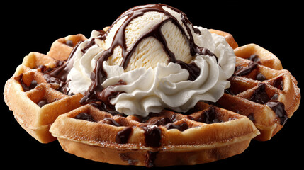 a golden waffle, drizzled with melted chocolate, topped with whipped cream or a scoop of vanilla ice cream, isolated on a black background. 