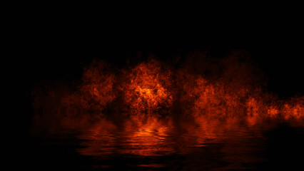 Blaze fire flame texture overlays on isolated background with water reflection.