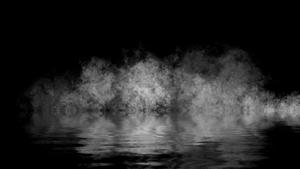 Blaze fire flame texture overlays on isolated background with water reflection.