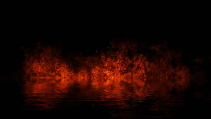 Blaze fire flame texture overlays on isolated background with water reflection. © Victor
