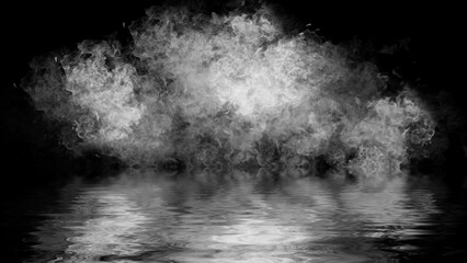 Blaze fire flame texture overlays on isolated background with water reflection.