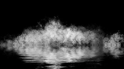 Blaze fire flame texture overlays on isolated background with water reflection.