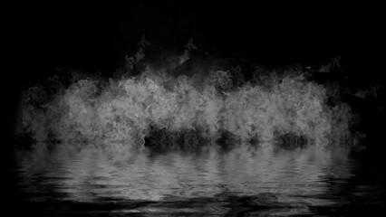 Blaze fire flame texture overlays on isolated background with water reflection.