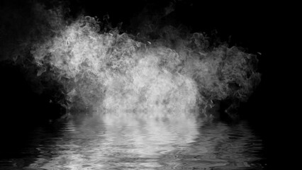 Blaze fire flame texture overlays on isolated background with water reflection.