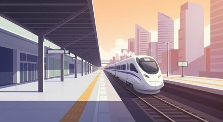 Cartoon of a high-speed train pulling into a modern city station during a colorful sunset