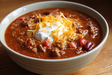 Bowl of chili topped with cheese and sour cream